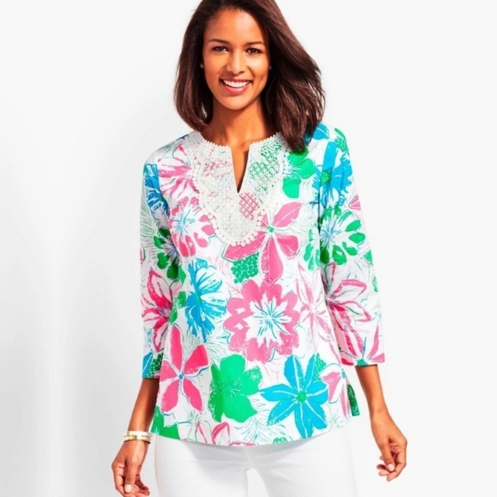 Talbots Lace Trim Pink/Green/Blue Tropical Floral Top Crochet Petite Large